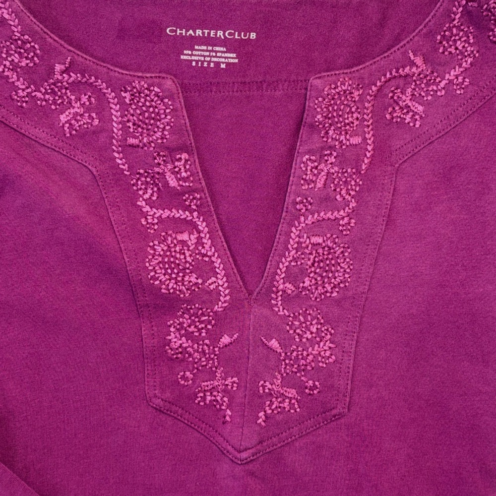 Charter Club Womens Fuscia Purple Embroidered Split V-Neck 3/4 Sleeve Top Size M - Picture 3 of 5